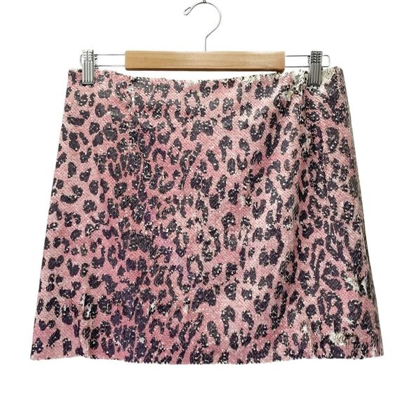Free People FP One Sequin Mini Skirt Size 6 Pink Cheetah Reversible Party Skirt - Picture 2 of 11